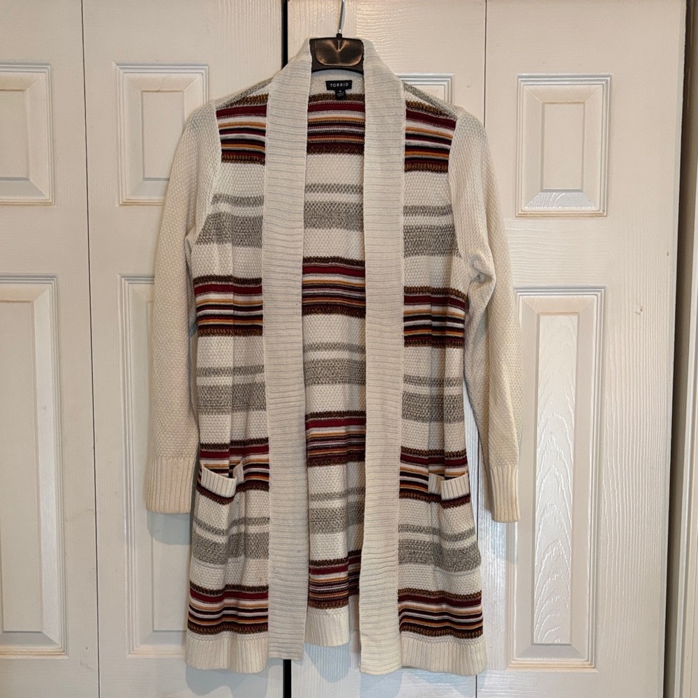 TORRID Cream and Gray Striped Cardigan.